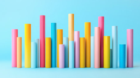 A vibrant arrangement of colorful cylinders against a soft blue background, ideal for showcasing creativity and modern design concepts in photography and art projects.の素材