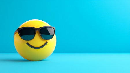 A colorful and cheerful smiling emoji wearing stylish sunglasses. This fun design on a bright blue background captures a playful and happy vibe, perfect for summer themes.の素材