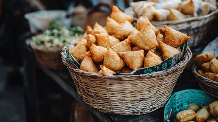 A beautifully arranged basket of golden samosas showcases the crispy and savory snack experience, perfect for culinary enthusiasts and food lovers.の素材