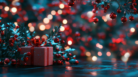 A beautifully wrapped red gift box sits among vibrant decorations. Soft bokeh lights and natural greens create a warm, festive atmosphere perfect for holiday celebrations.の素材