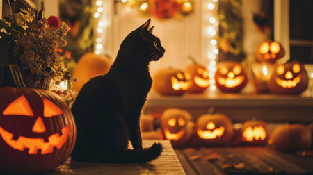 A serene black cat sits beside glowing Halloween pumpkins, capturing the cozy and spooky essence of the season. Perfect for autumn festive themes.の素材