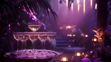 A captivating arrangement of champagne glasses on a tray, set in a dreamy, purple-lit ambiance surrounded by lush flora, perfect for celebrations.の素材