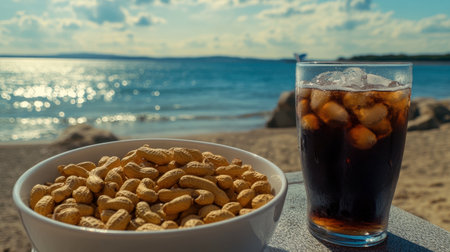 A refreshing summer scene featuring a bowl of peanuts and a glass of cold drink on a beach, capturing the essence of leisure and enjoyment by the ocean.の素材