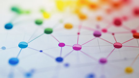 A vibrant abstract illustration showcasing colorful network connections that symbolize data flow and interconnectivity in a modern design.の素材