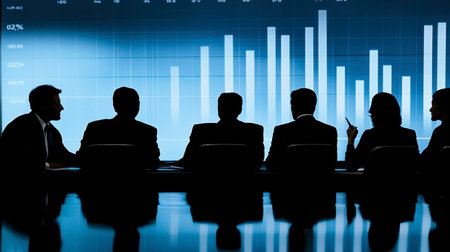 A business meeting featuring silhouettes of professionals discussing data insights and projections on a screen, capturing corporate collaboration and strategy.の素材