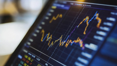 A close-up view of a digital stock market chart displaying fluctuating data lines. This image captures the essence of financial analysis and trading insights.の素材