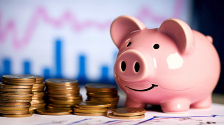 A cheerful pink piggy bank surrounded by coins, set against a financial background. This image symbolizes savings, investment, and financial growth.の素材