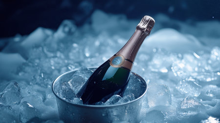 A luxurious bottle of champagne rests in a metal ice bucket filled with ice, perfect for festive celebrations, special moments, or elegant events.の素材
