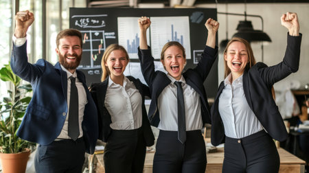 A diverse team of professionals celebrates their success in an office setting, expressing joy and enthusiasm with raised fists and smiles, showcasing teamwork and motivation.の素材