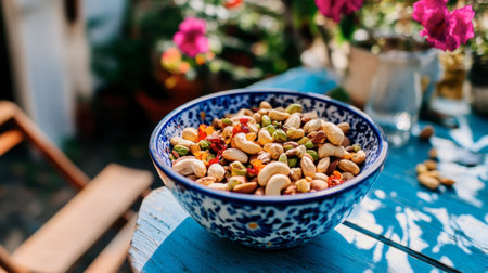 A vibrant bowl filled with a variety of nuts on a charming table surrounded by greenery, perfect for summer snacking and healthy eating.の素材