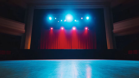 A stunning view of an empty stage with colorful lights and a red curtain. Perfect for themes related to performance, theater, and artistic expression.の素材