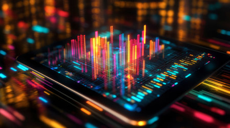 Vibrant data visualization displayed on a tablet, featuring colorful bars and dynamic patterns. Ideal for technology and data analysis representation.の素材