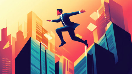 An energetic businessman leaps between skyscrapers against a vibrant sunset, symbolizing ambition, success, and the pursuit of opportunities in an urban landscape.の素材