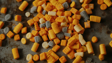 A vibrant mix of colorful snack pieces scattered on a surface, showcasing various textures and shapes ideal for a casual snack setting or culinary inspiration.の素材