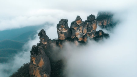 A breathtaking aerial view of rugged mountain peaks rising through a blanket of mist, creating a serene and atmospheric landscape perfect for nature lovers.の素材
