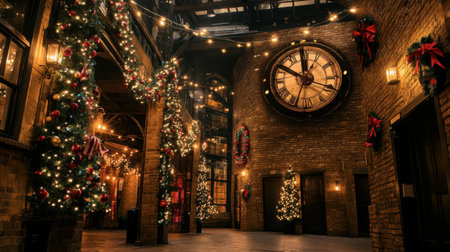 A charming urban scene decorated for Christmas. The image features a large clock surrounded by festive lights, garlands, and trees, creating a warm holiday atmosphere.の素材