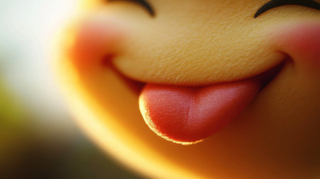 Capture the essence of joy with this cheerful close-up of a smiling face. The playful expression and warm colors evoke feelings of happiness and delight.の素材