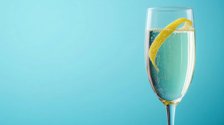 A sparkling beverage in a stylish glass with a lemon twist, set against a vibrant blue background. Perfect for celebratory occasions and summer parties.の素材