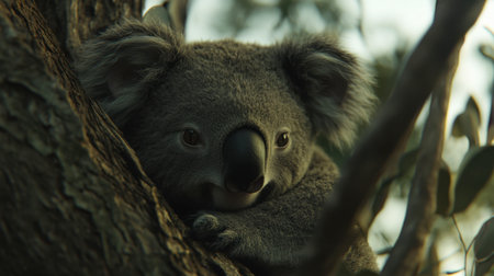 A serene close-up of a koala resting on a tree branch, showcasing its soft fur and expressive eyes amidst a natural setting. Perfect for wildlife enthusiasts.の素材
