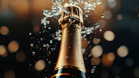 A stunning image capturing the moment of champagne bubbles erupting from an opened bottle, perfect for celebrations and festive events.の素材