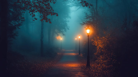A foggy pathway in a serene forest, illuminated by warm street lamps. This enchanting scene captures the beauty and mystery of nature at night.の素材