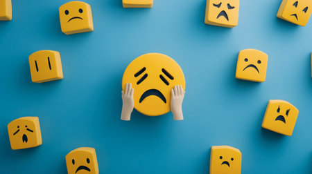 This image features various sad emoticons with hands holding a central sad face, representing emotional distress. It conveys feelings of sadness and mental health.の素材