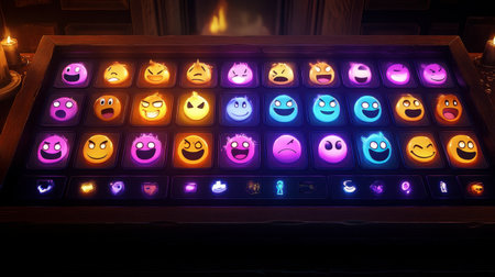 A vibrant collection of colorful emojis displayed on a wooden table, showcasing various expressions and emotions in a playful and artistic arrangement.の素材