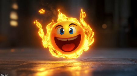 A vibrant and cheerful emoji surrounded by fiery flames. This dynamic visual captures joy and fun with its lively expression, perfect for creative projects.の素材