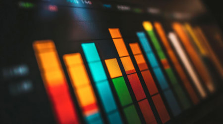 Vibrant data visualization featuring colorful bars on a digital screen, perfect for illustrating financial trends and statistical analysis in modern business contexts.の素材
