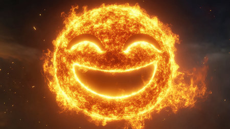 This vibrant image features a smiling sun composed of flames, radiating warmth and joy. The cheerful design brings a sense of positivity and energy.の素材