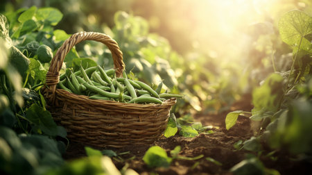 A rustic basket filled with fresh green beans sits gracefully among lush foliage, illuminated by warm sunlight, showcasing the beauty of harvest season.の素材