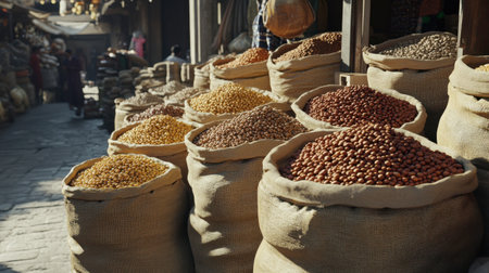 Discover the vibrant display of spices and grains in burlap sacks at a lively market, showcasing the rich textures and colors of local ingredients.の素材