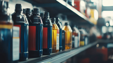 A vibrant display of colorful bottles lined up on a store shelf, showcasing a variety of liquid products. Ideal for retail and packaging themes.の素材