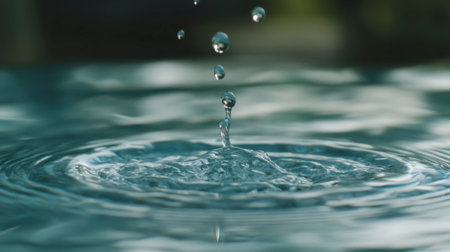 A close-up view of a water droplet creating ripples on a calm surface, showcasing the beauty and tranquility of nature in a serene environment.の素材