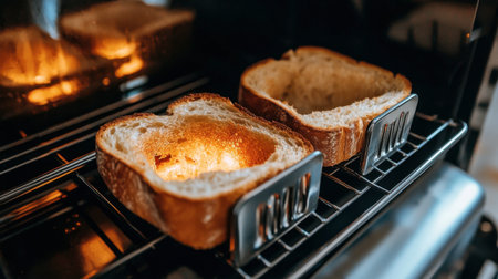 A close-up view of two slices of bread toasting in an oven, showcasing the golden brown color and crispy texture, perfect for breakfast or snacks.の素材