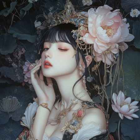 A stunning portrait of a woman adorned with flowers and gemstones, embodying ethereal beauty. This art piece evokes a sense of serenity and creativity.の素材