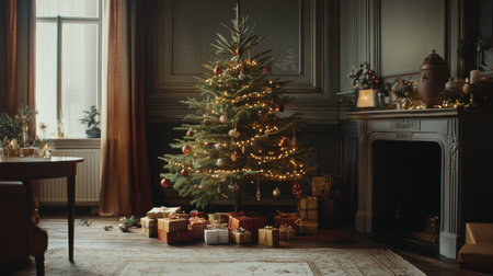 Elegant living room featuring a beautifully decorated Christmas tree with warm lights and colorful ornaments, surrounded by gifts, creating a cozy festive atmosphere.の素材