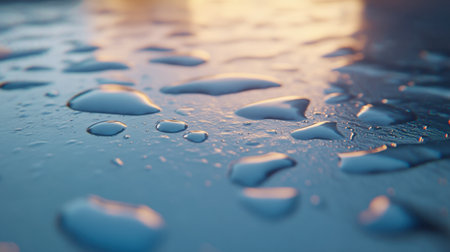 Close-up view of water droplets resting on a smooth surface, showcasing intricate details and reflections. Ideal for nature and abstract themes.の素材