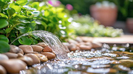 A tranquil garden scene featuring a gentle water flow over smooth pebbles, surrounded by lush greenery, creating a peaceful outdoor ambiance.の素材