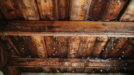 Captured from below, this image reveals raindrops cascading from rustic wooden beams, showcasing a serene ambiance and natural textures in a cozy indoor environment.の素材