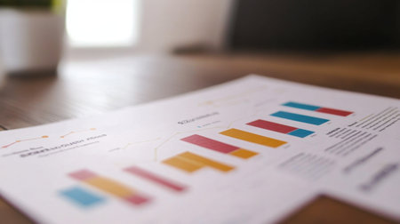 A vibrant set of colorful bar graphs displayed on a document over a wooden table, ideal for business analysis, presentations, and financial reports.の素材