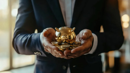 A person elegantly holds a golden piggy bank surrounded by coins, symbolizing savings and financial success. Ideal for finance-related content.の素材