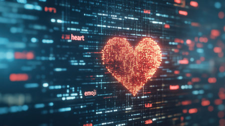 A vibrant heart emoji emerges from a digital matrix, symbolizing connection and love in a tech-driven world. Perfect for themes of romance and communication.の素材