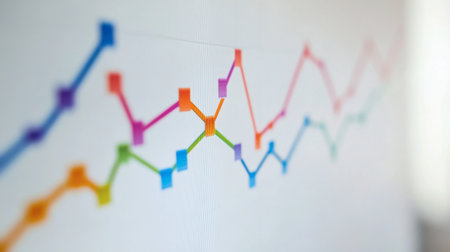Abstract graph showcasing colorful trends and metrics. Ideal for business and finance contexts, this image represents data analysis and performance improvement.の素材