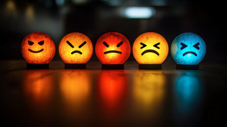 Vibrant emotion balls displaying a range of feelings, from anger to sadness. A colorful and artistic representation of human emotions, ideal for emotional design concepts.の素材