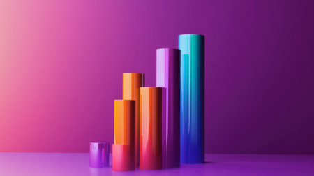 Vibrant and colorful cylinders arranged on a smooth surface create a striking visual effect against a soft gradient background. Ideal for modern design projects.の素材