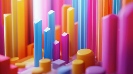 Explore a vibrant 3D bar graph filled with colorful shapes and bright shades, showcasing an artistic representation of data and statistics in a modern design.の素材