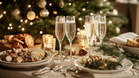 A beautifully arranged festive dinner table featuring sparkling champagne, delicious food, and elegant holiday decor, perfect for celebrations and gatherings.の素材