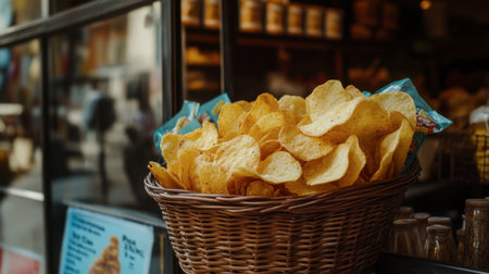 A rustic basket filled with freshly baked potato chips, showcasing their golden, crispy texture. Ideal for snacks, appetizers, and market displays.の素材