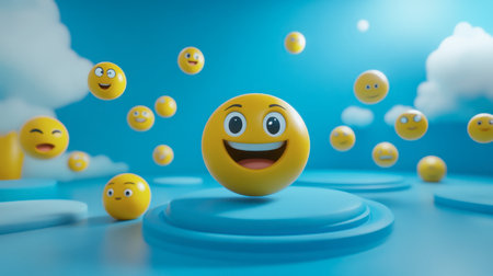 A lively collection of cheerful yellow smiley faces set against a bright blue background, creating a fun and playful atmosphere perfect for conveying joy and positivity.の素材